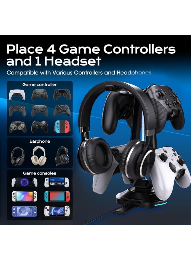 epicarma حامل سماعات RGB مع 9 تأثيرات ضوئية و 2 منفذ شحن USB - حامل وحدة التحكم للمكتب - حامل سماعات رأس و خطاف وحدة تحكم قابل للفصل لإعداد غرفة الألعاب على الكمبيوتر - Image 2